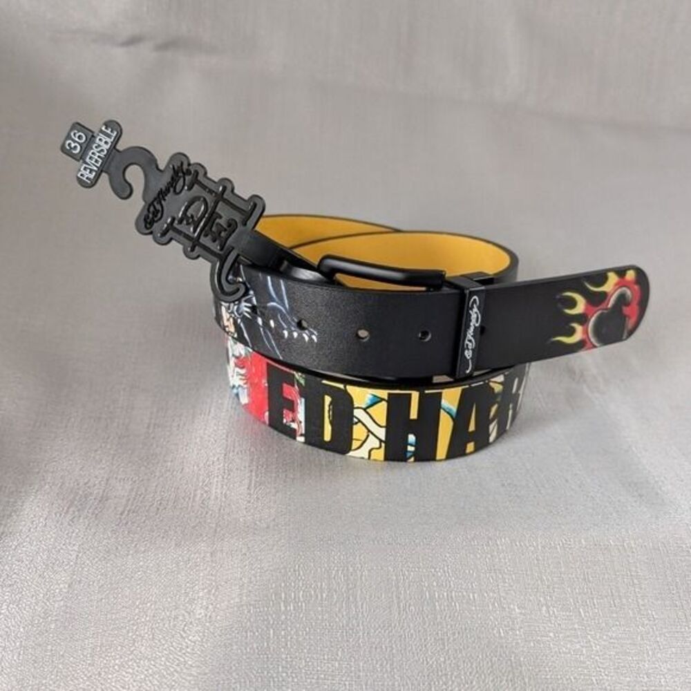 Ed Hardy Reversible Graphic Tattoo Print Belt Men's Size 36 NEW!